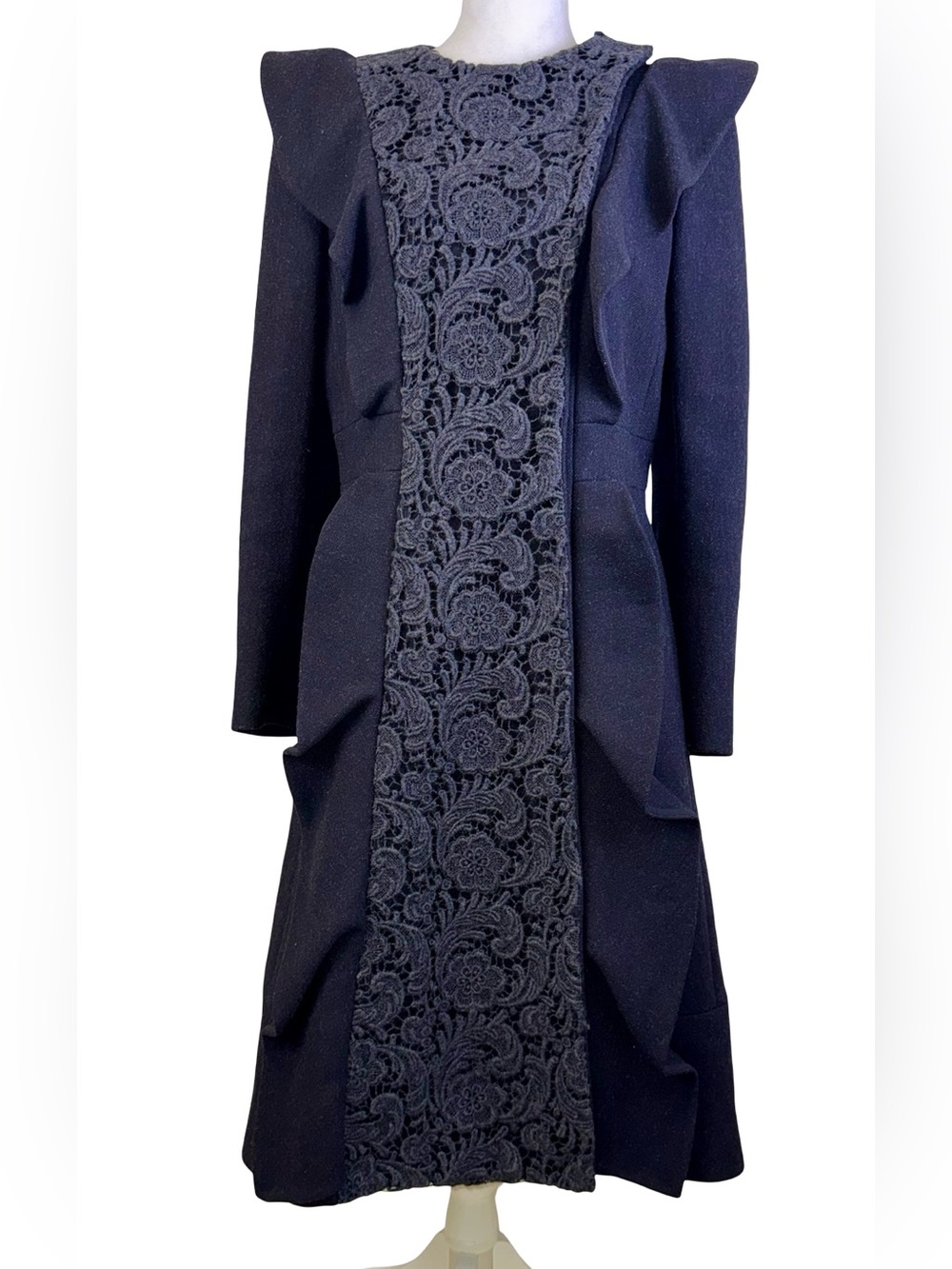 PRADA BLACK WOOL AND LACE PANELED COAT